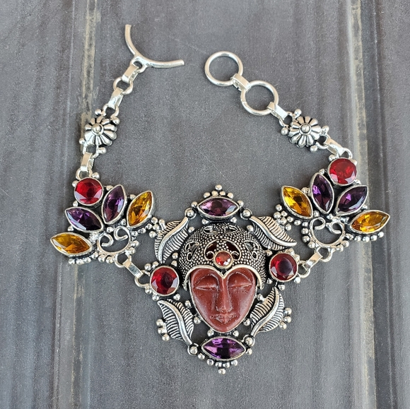 New Carved Goddess Face Multi Gemstone 925 Bracelet. - Picture 15 of 16